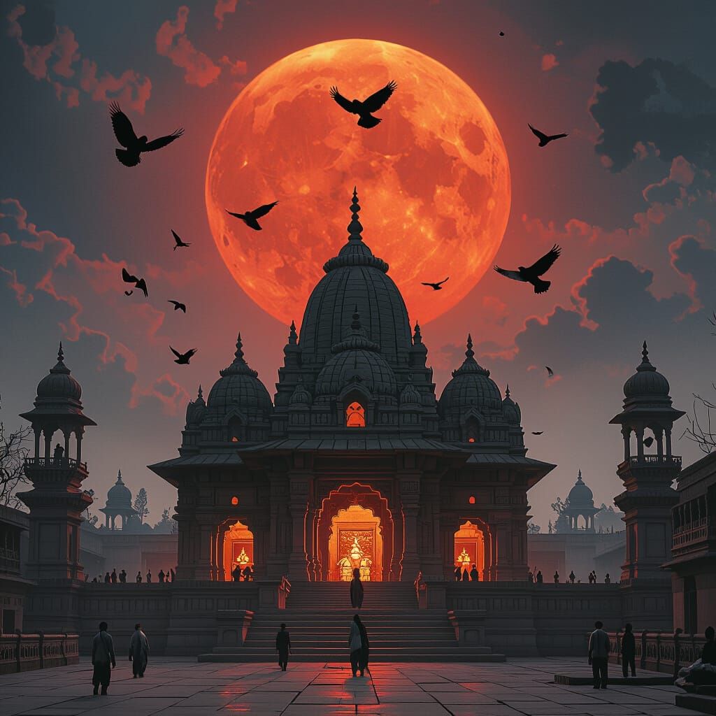 Ayodhya Ram Mandir Under Blood Moon in Dark Surrealism