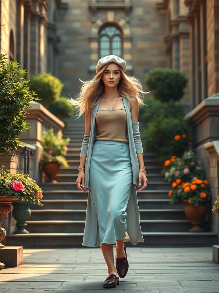 Elegant Woman Descends Grand Steps, Carne Griffiths-Inspired