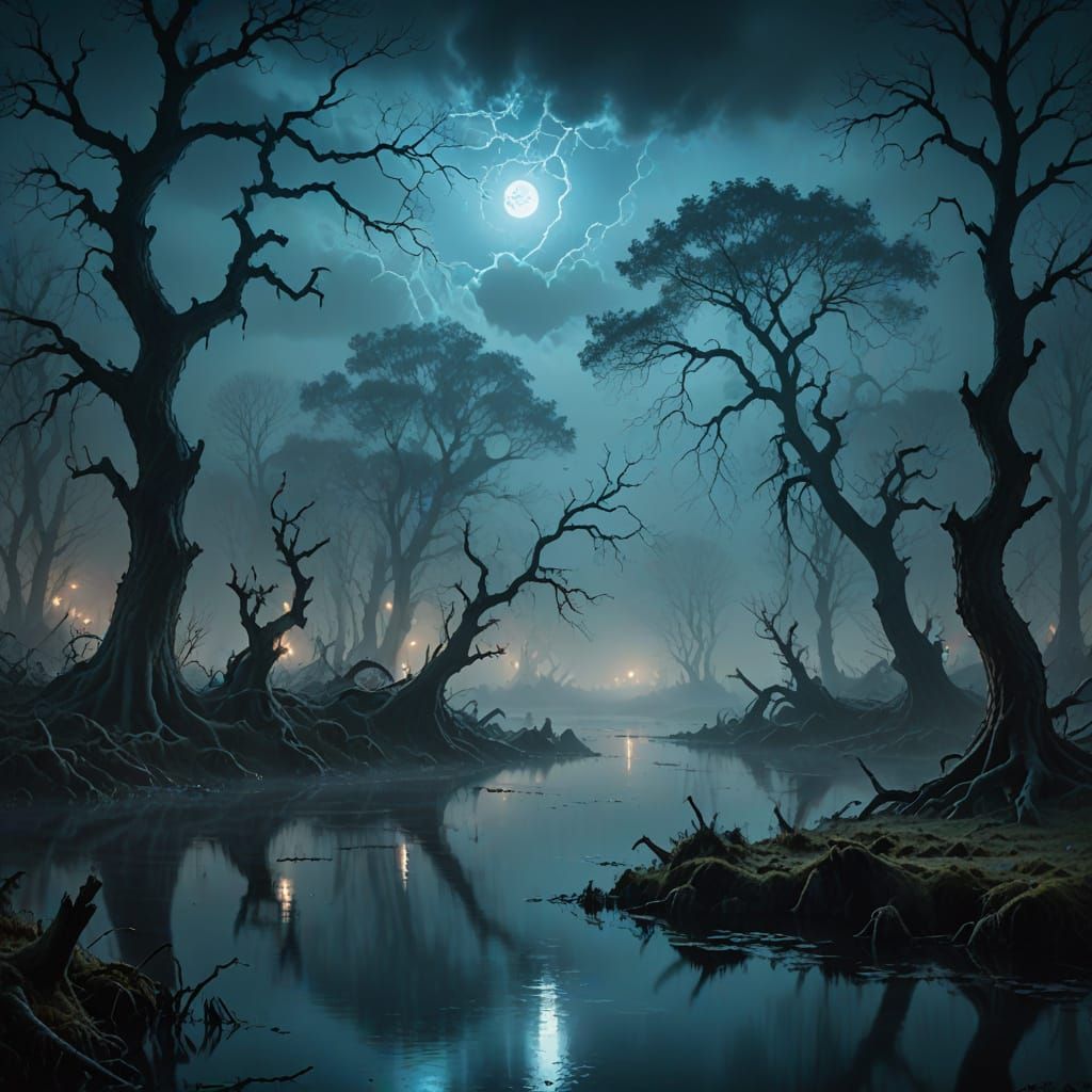 Ethereal Dreamscapes: Ghostly Blue Will-o'-the-Wisp in a Mis...