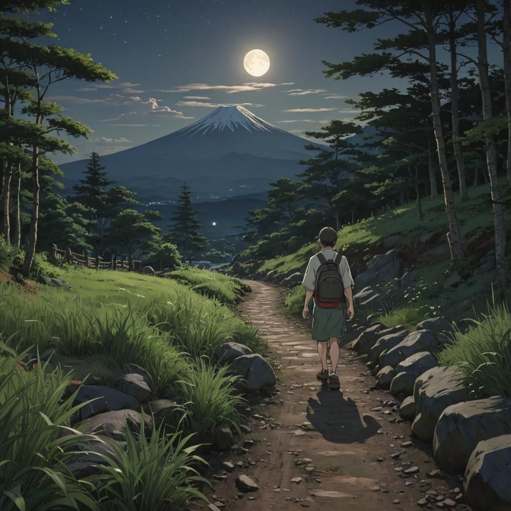 Villager in Forest with Mt. Fuji: Anime Style