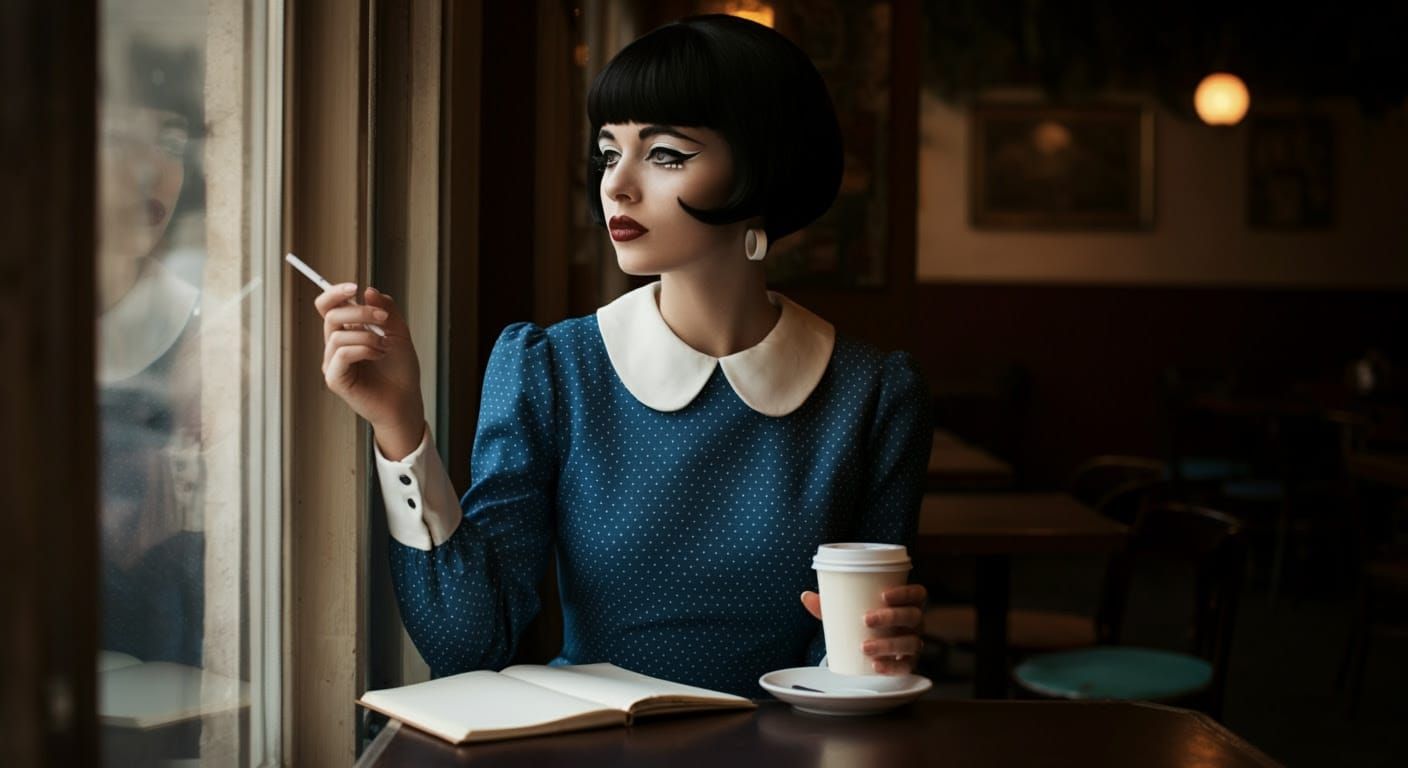 1960s Mod Girl Reflects in Vintage Cafe