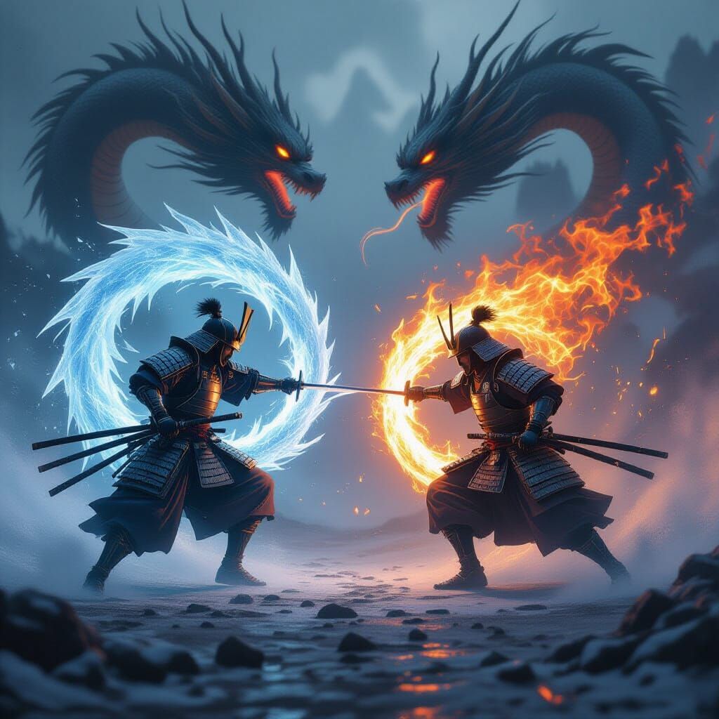 Samurai Battle with Fiery and Frosty Auras