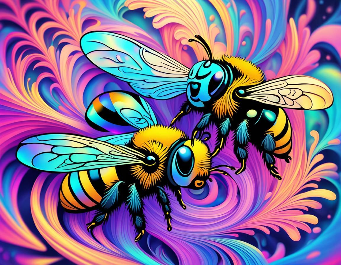 Holographic Vaporwave Ying Yang Bumble Bees in Art Nouveau S...