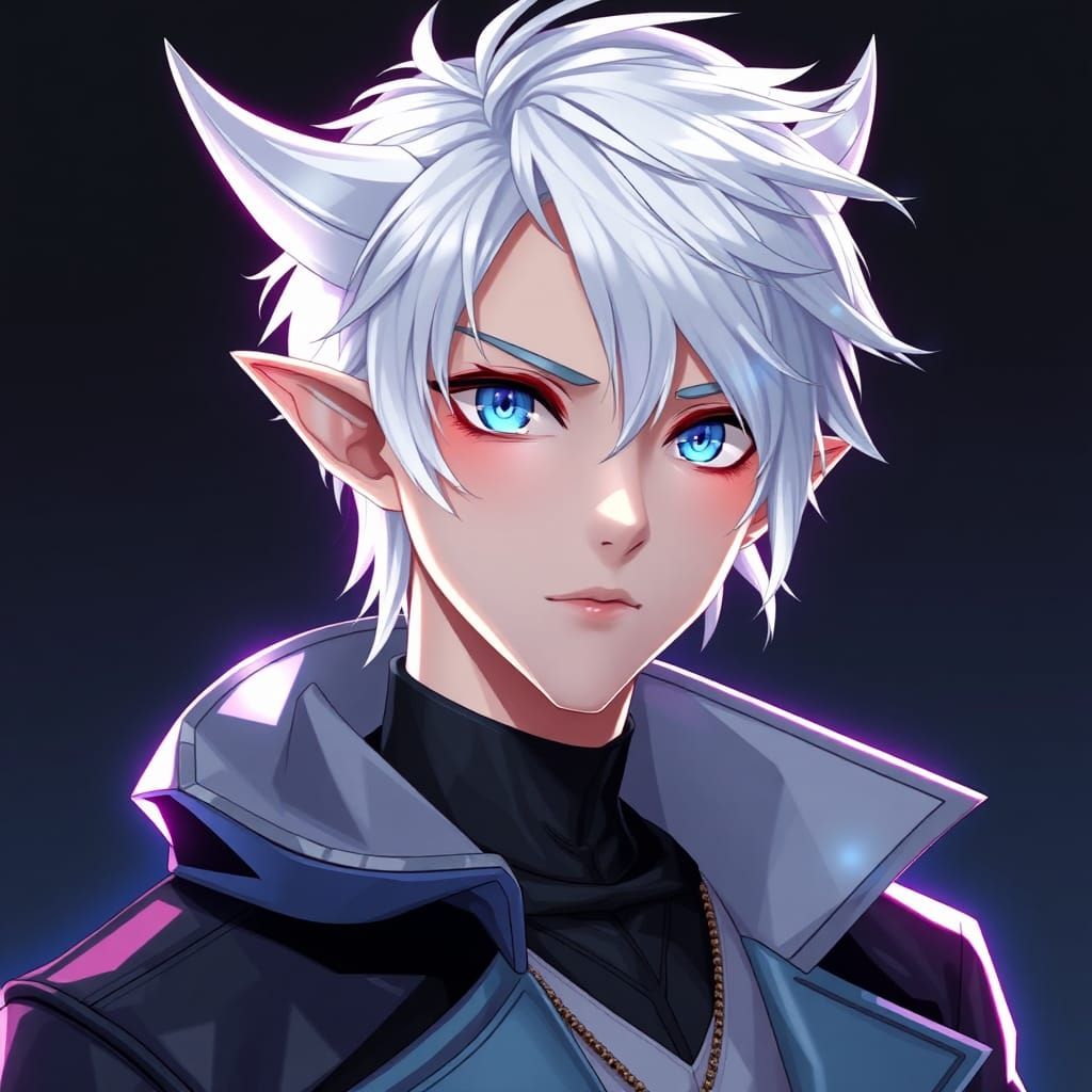 Anime Man with White Hair and Cyan Eyes