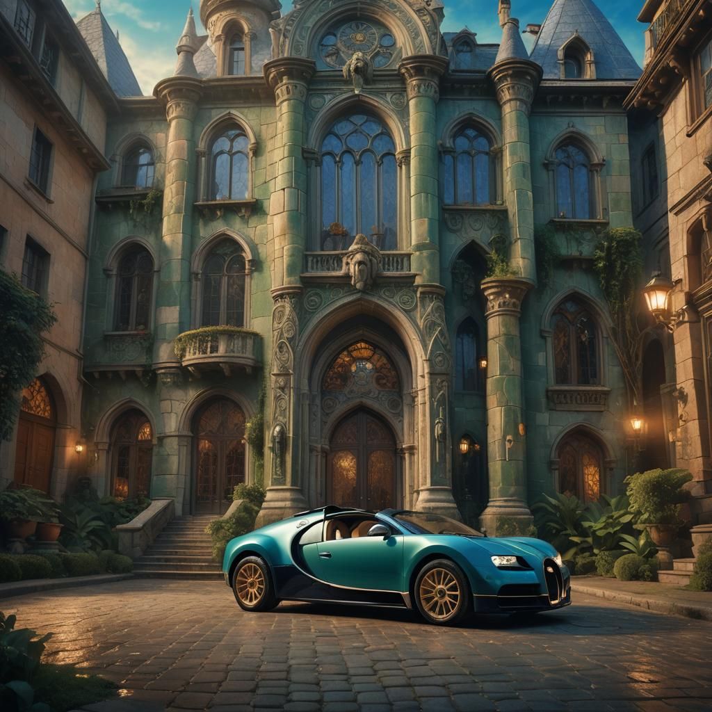 Vintage Bugatti at Mystical House: Detailed Digital Art