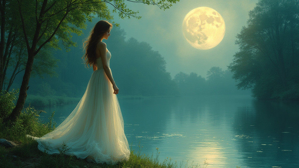 Moonlit Serenity: Woman by Lake in Symbolist Style