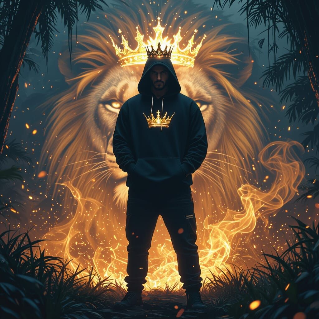 Regal Lion King in Dark Jungle, Golden Fire Sparks