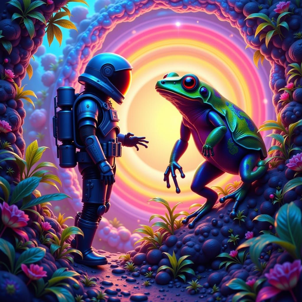 Space Trooper Meets Alien Frog: Hyperrealistic 3D Art
