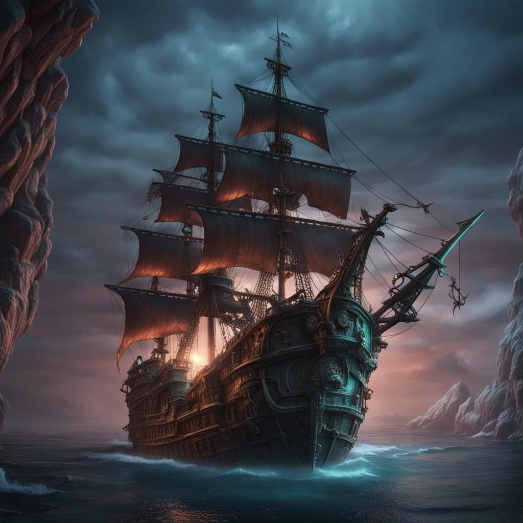 Ghost Pirate Ship in Detailed Matte Painting Style
