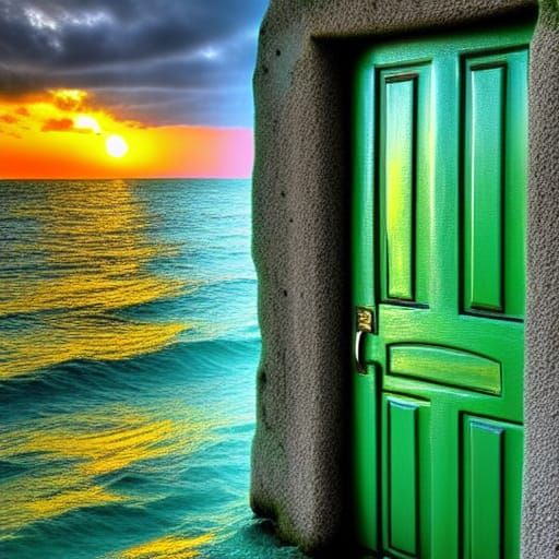 Green Door in the Sea at Sunset