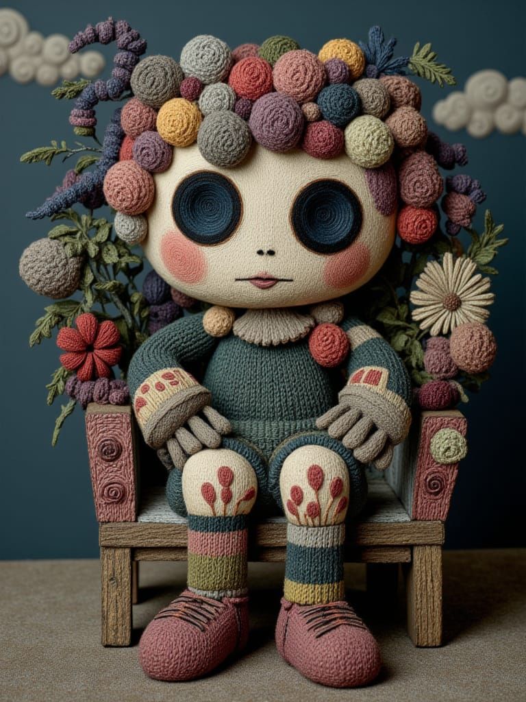 Hollow-Eyed Child Portrait in Decaying Pom Poms