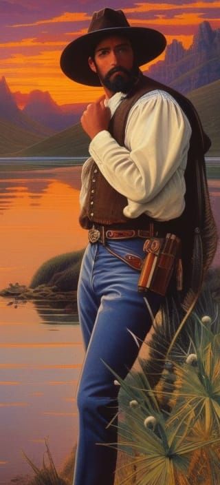 a cowboy standing at the edge of a lake