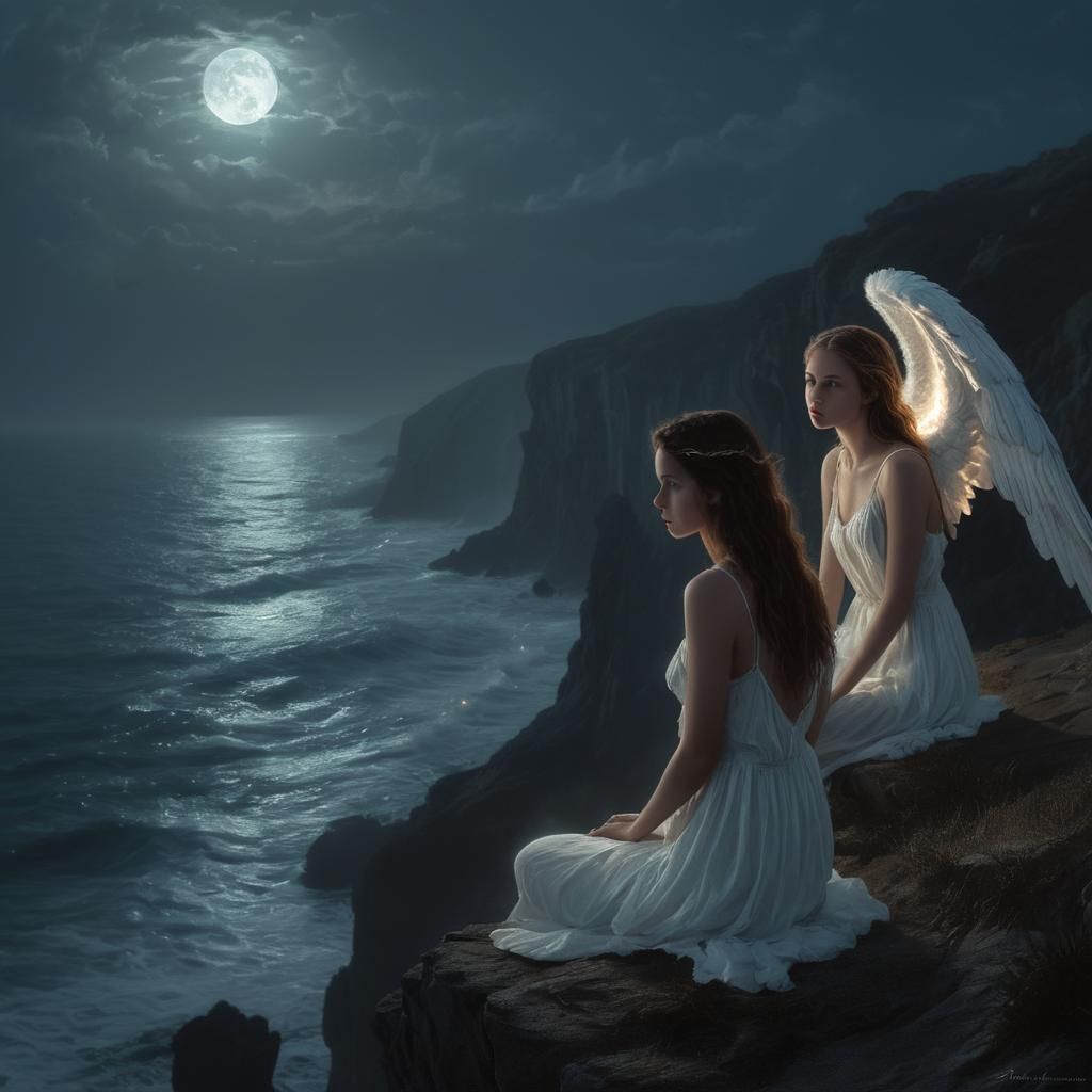 Sorrowful Young Woman Longingly Gazes at Angelic Figures in...