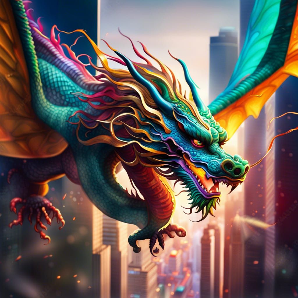 Chinese Dragon Flies Over Hyperrealistic Metropolis