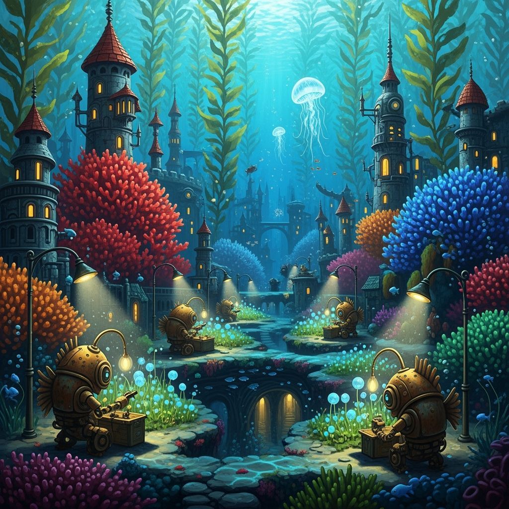 Underwater Steampunk Cityscape with Bioluminescent Gardens