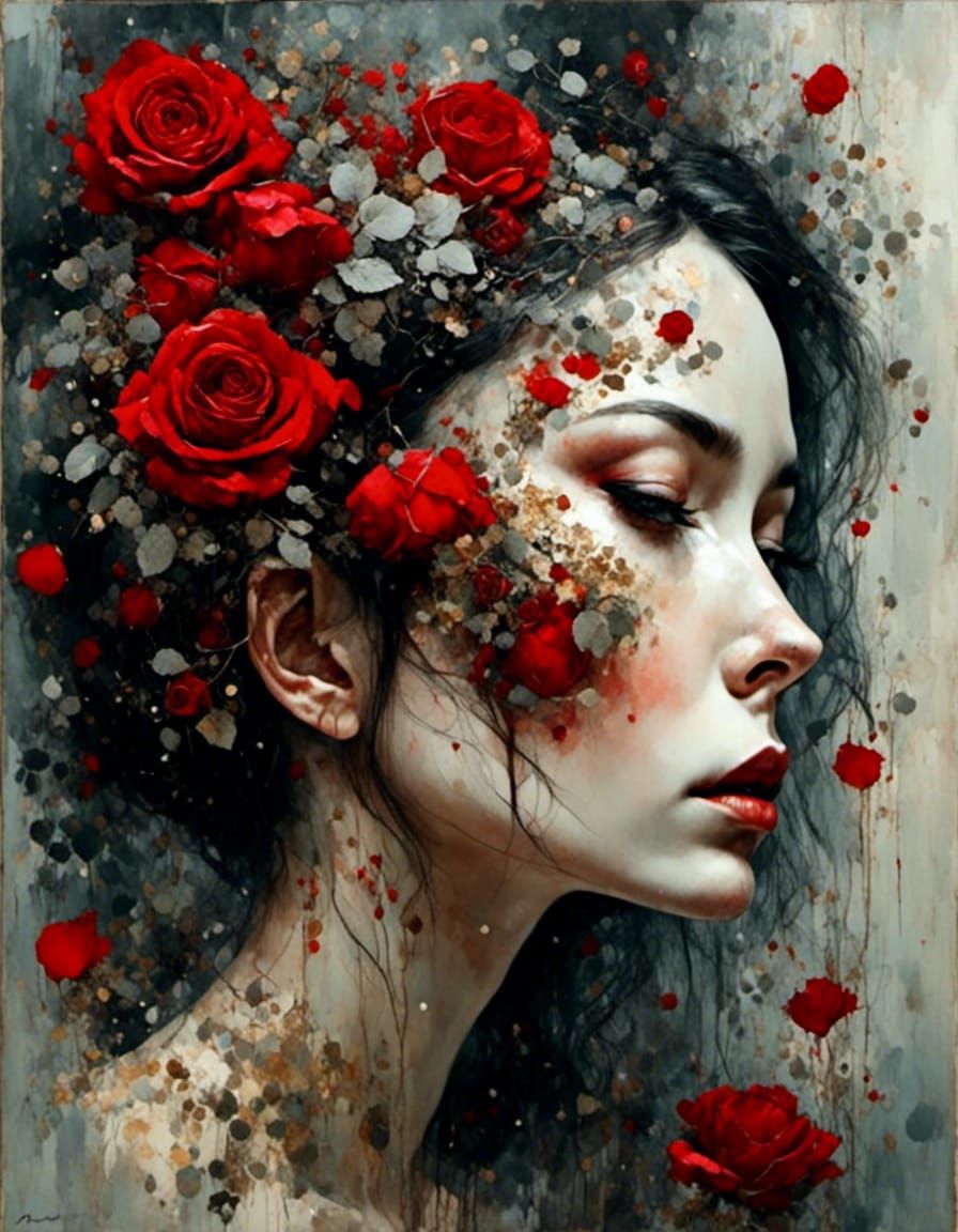 Double Exposure Woman Profile with Red Roses