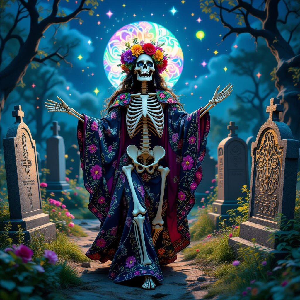 Dancing Skeleton in Psychedelic Graveyard, Hyperrealistic Ar...
