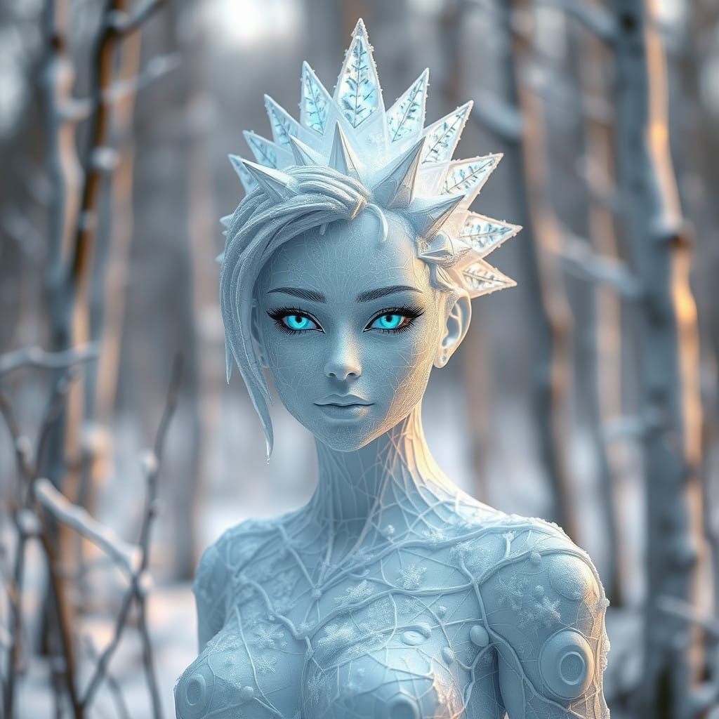Photorealistic Ice Woman in Snowy Forest