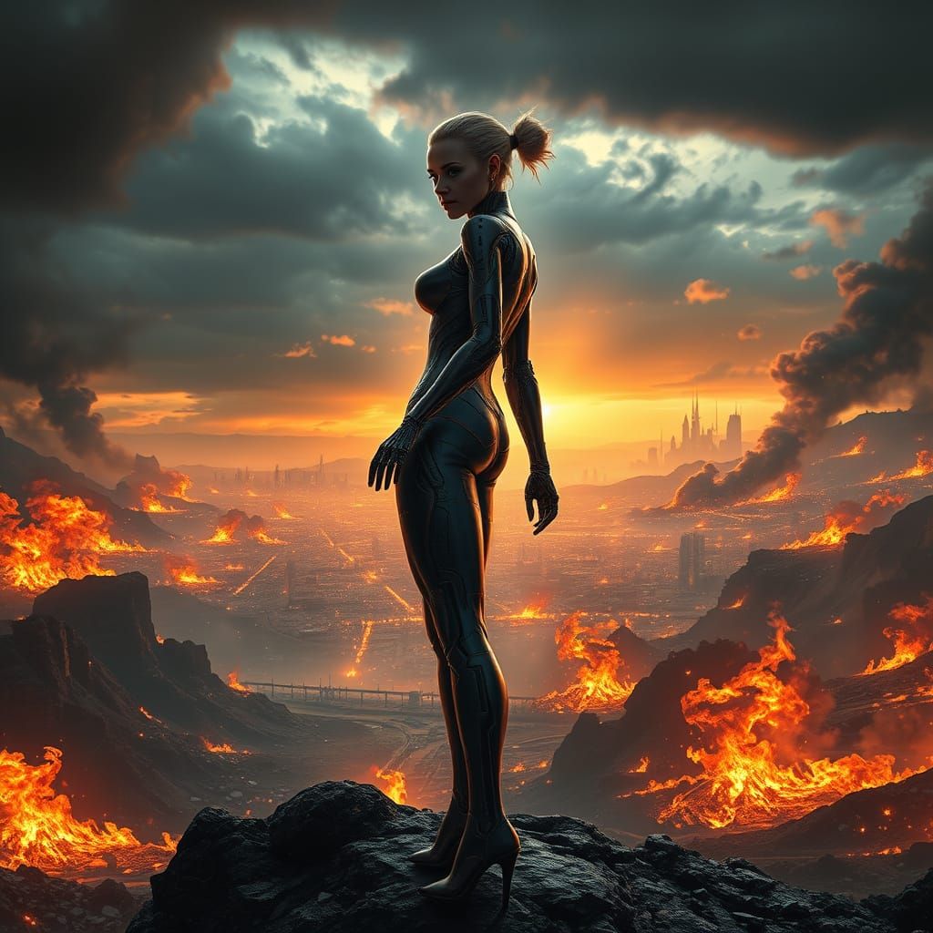Cyborg Woman in Fiery Apocalyptic Cityscape