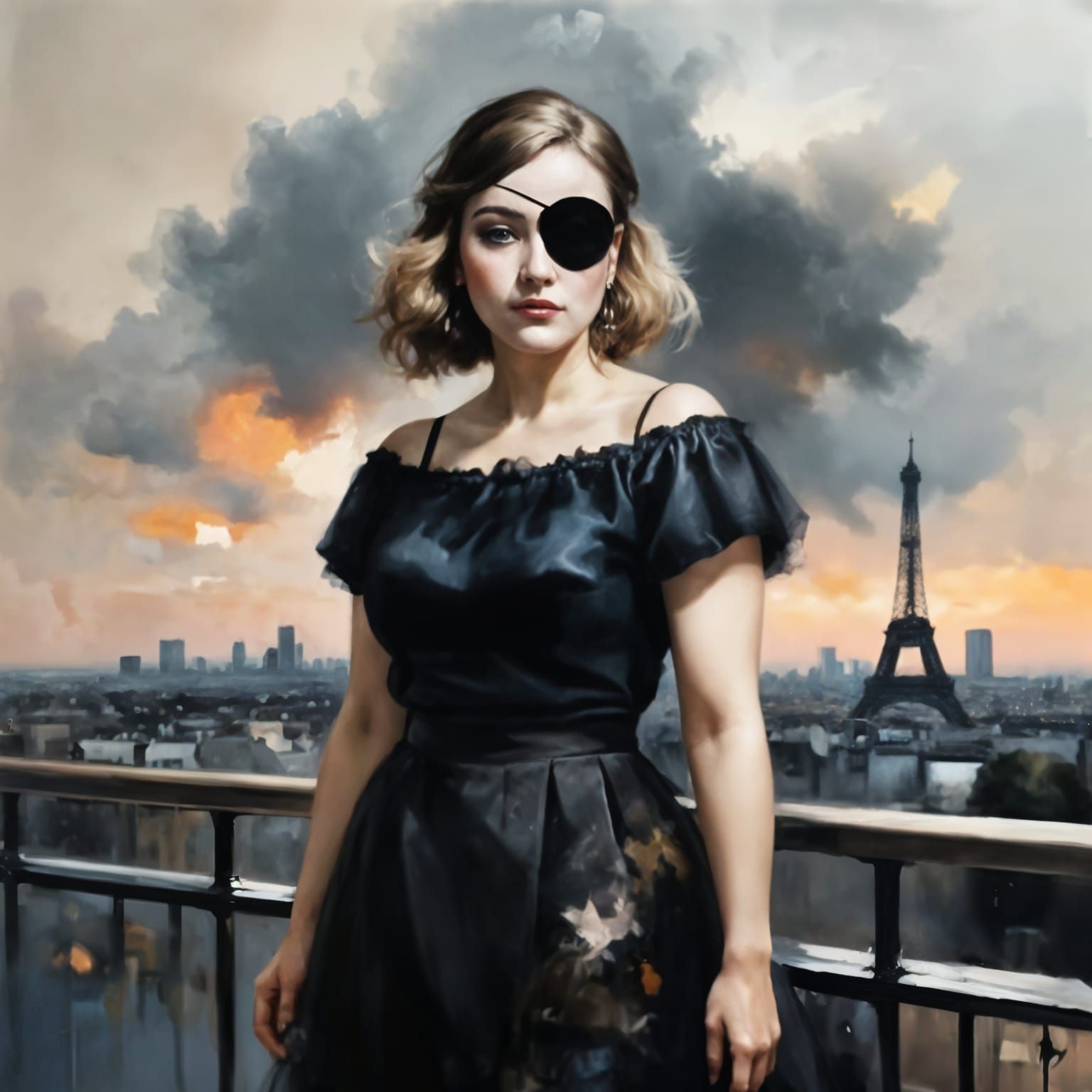 Elegant Woman with Eyepatch on Paris Balcony