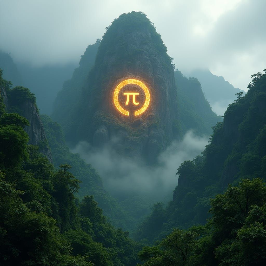 Mountain Sanctuary with Pi Network Logo, Futuristic and Surr...