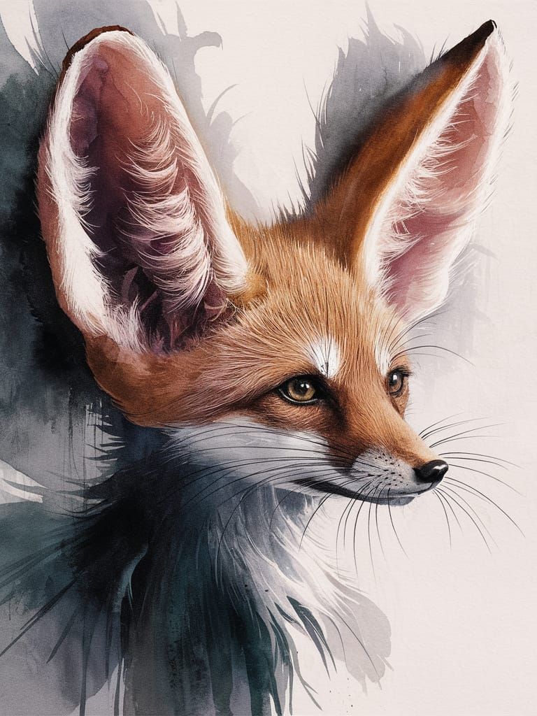 Watercolor Fennec Fox Head with Large Ears