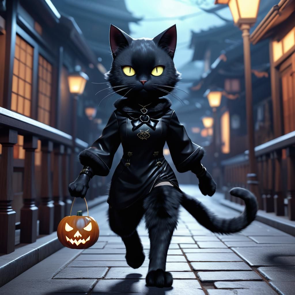 Demonic humanoid furry female black cat going trick or threating. By artist "anime", 3d anime art, inspired by WLOP, Art...
