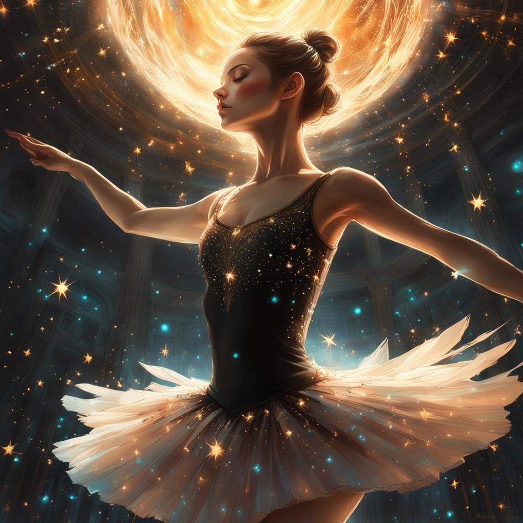Ballerina in Bioluminescent Ballroom with Exploding Stars