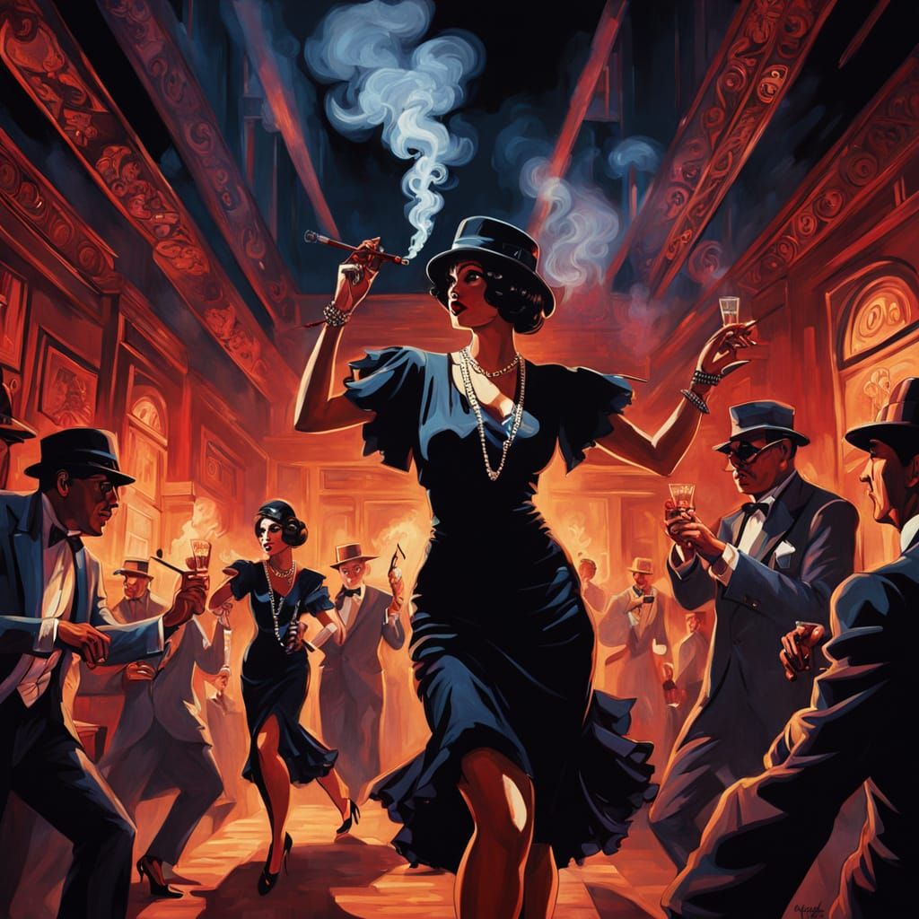 Flapper Ladies Dancing in Smoky Speakeasy, Oil Painting