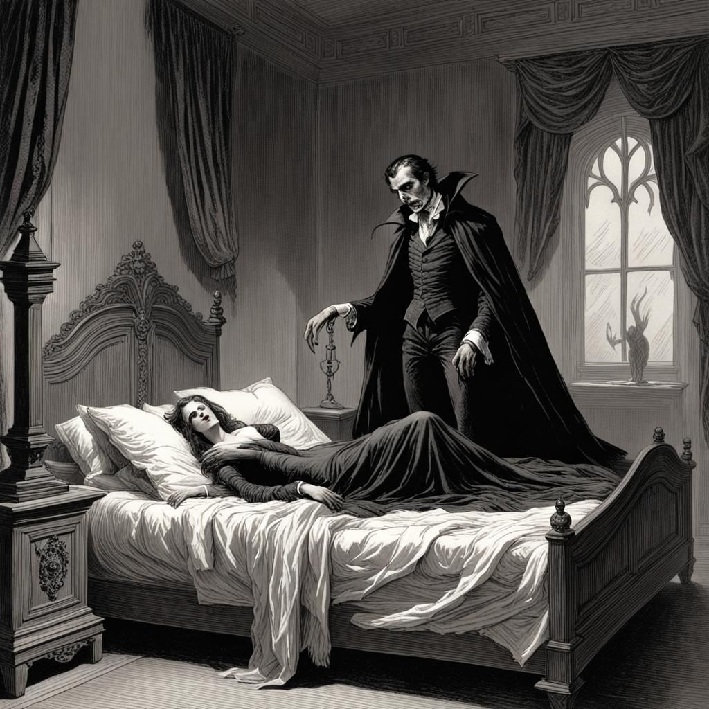 Vampire Couple in Bed, Horror Art Style