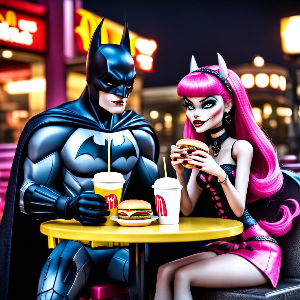batman and monster high draculaura eating mcdonald’s together on a date