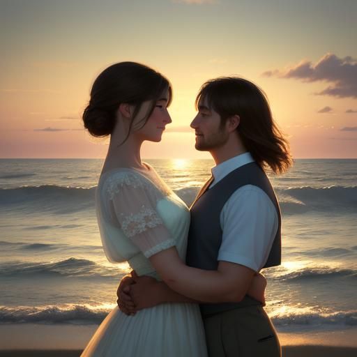 Romantic Beach Embrace in Impressionist Style