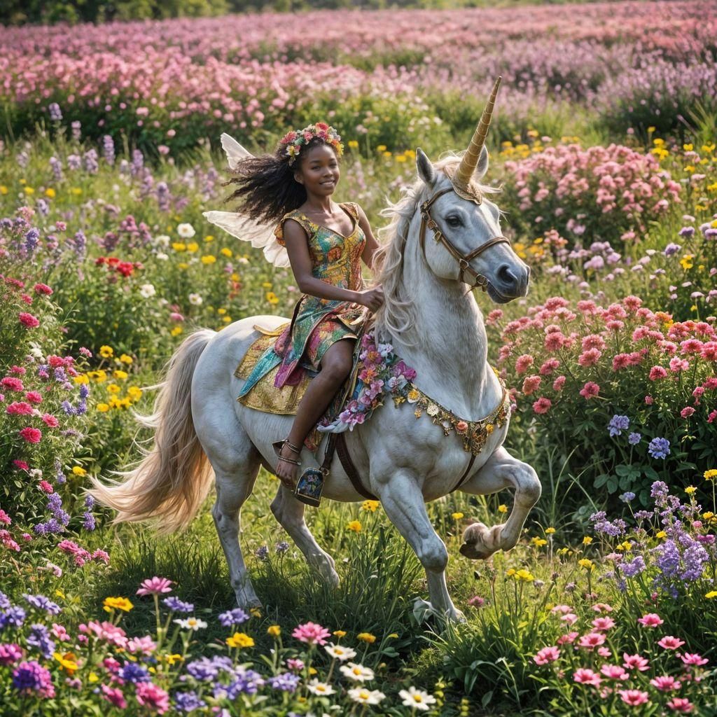 African Fairy Rides Unicorn Through Flower Field