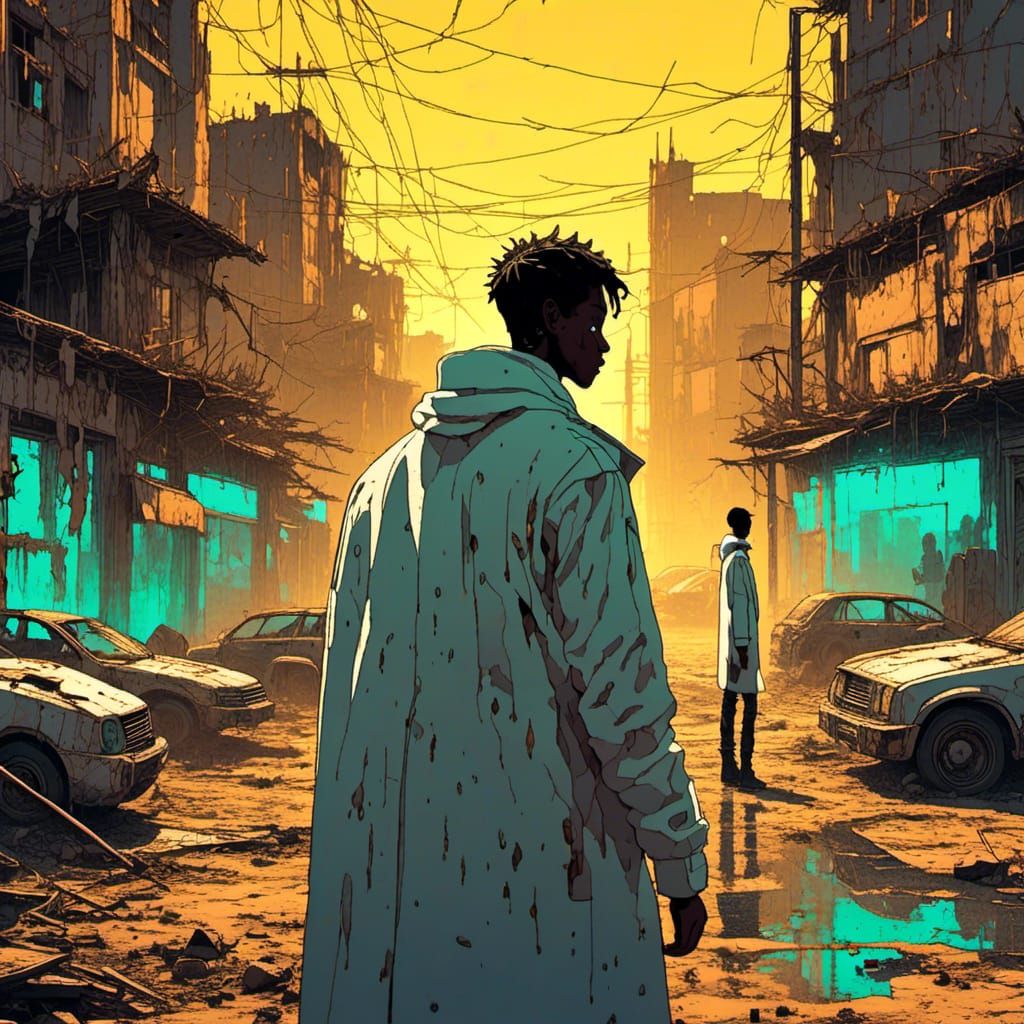 Post-Apocalyptic Desert Encounter in Retro Sci-Fi Style