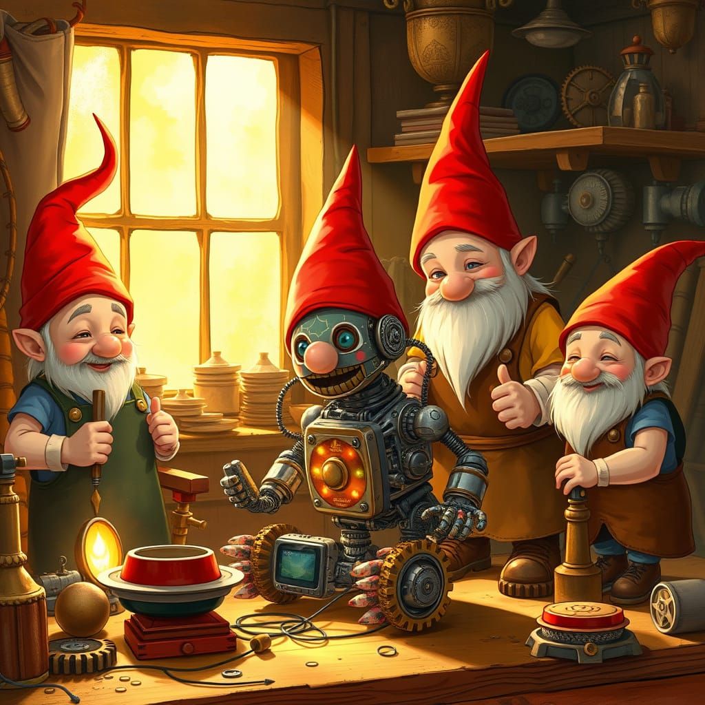 Gnomes Constructing a Robotic Gnome in Steampunk Workshop