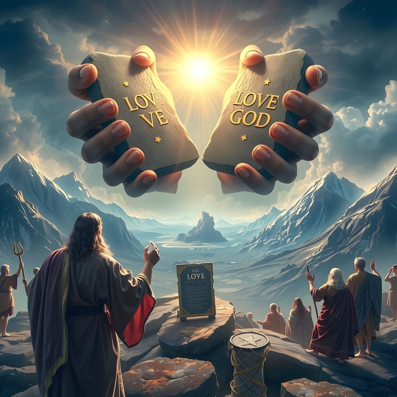 Moses Holding Stone Tablets with LOVE and GOD Above Heaven's...