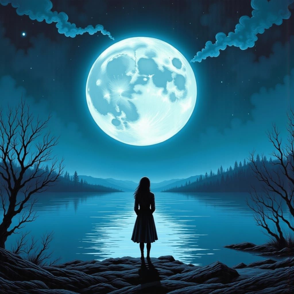 Moonlit Serenity: Lakeside Woman in Dreamy Landscape