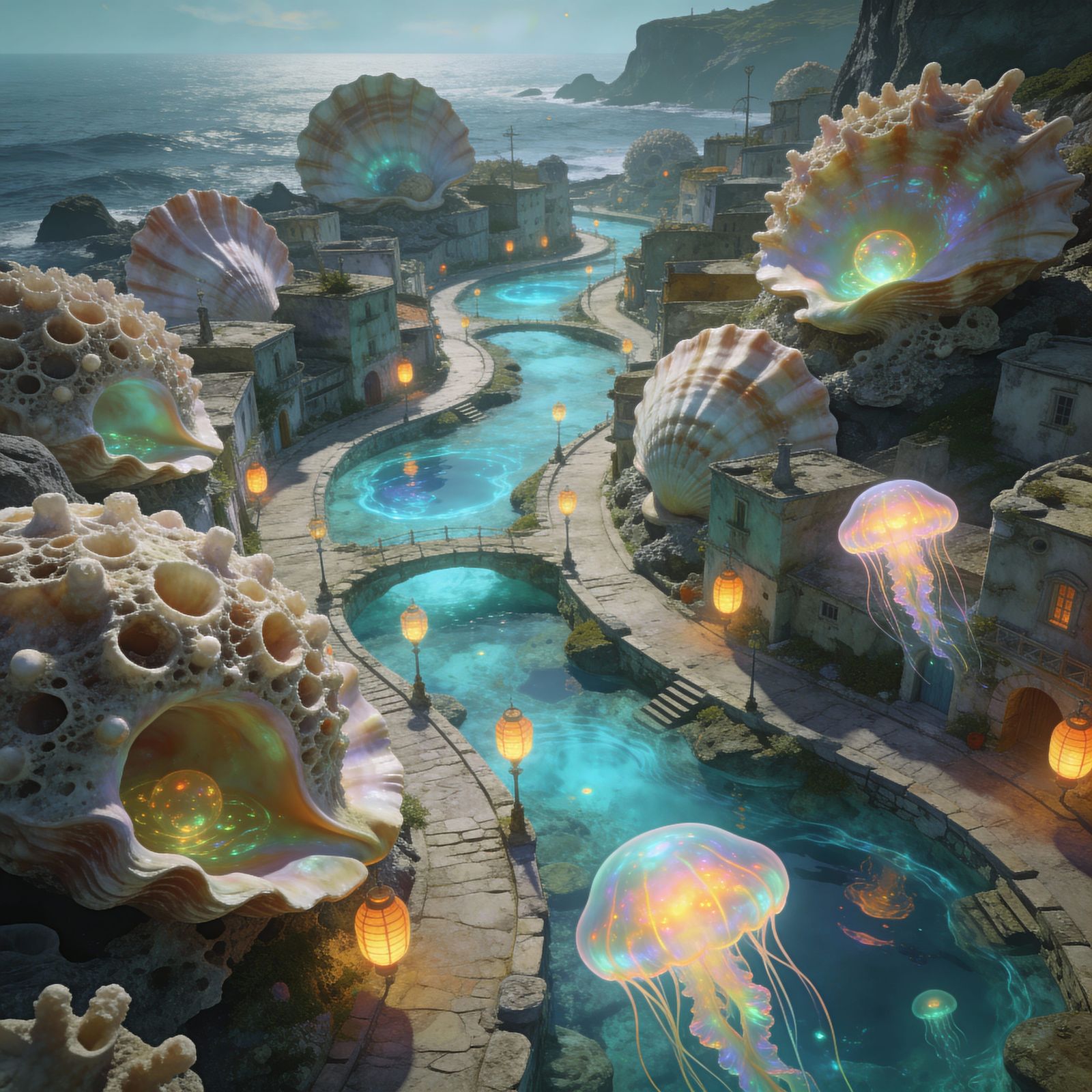 Dreamlike Seashell Village in Luminescent Tones