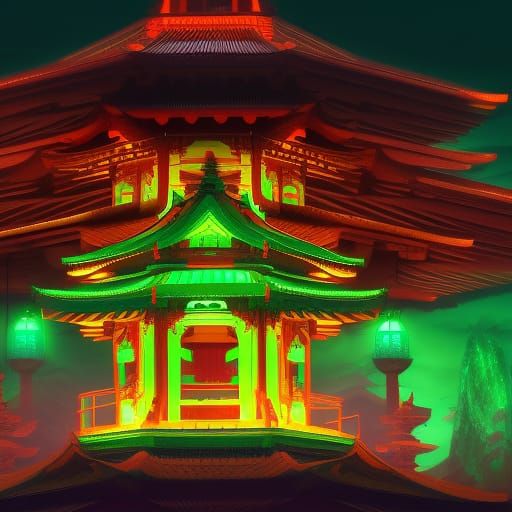 Emerald Neon Japanese Pagoda in the Dark