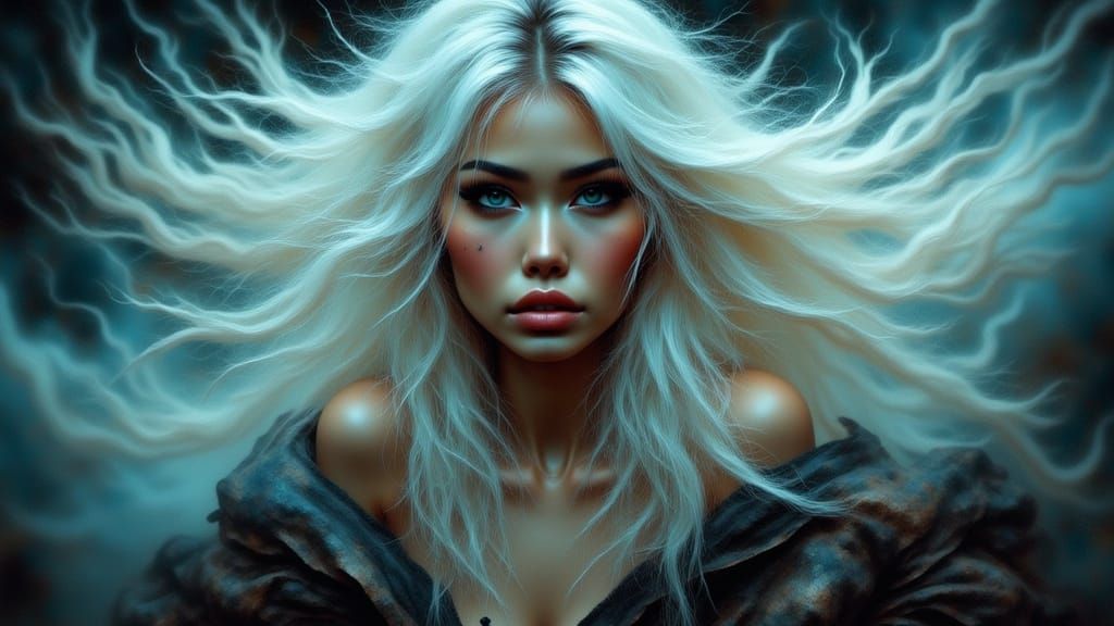 Determined Woman in Stormy Sky, Antique Watercolor Style