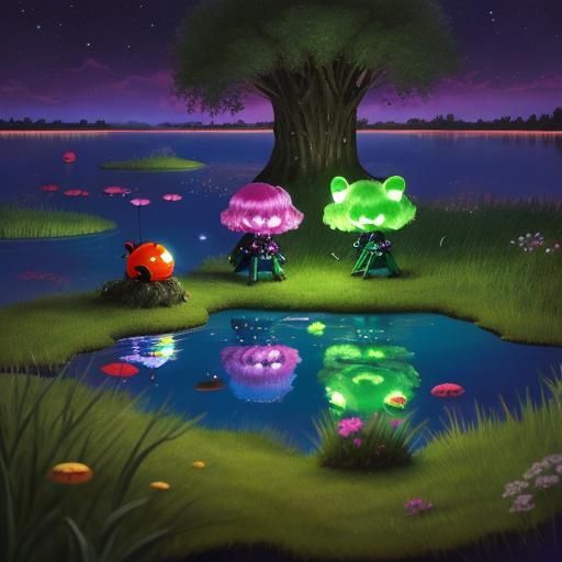 Moon Ladybugs Wearing Glowing Wigs in Lake