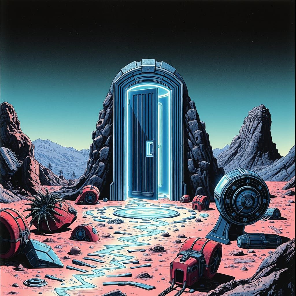 Alien Door Materializing on Barren Planet in Futuristic Styl...