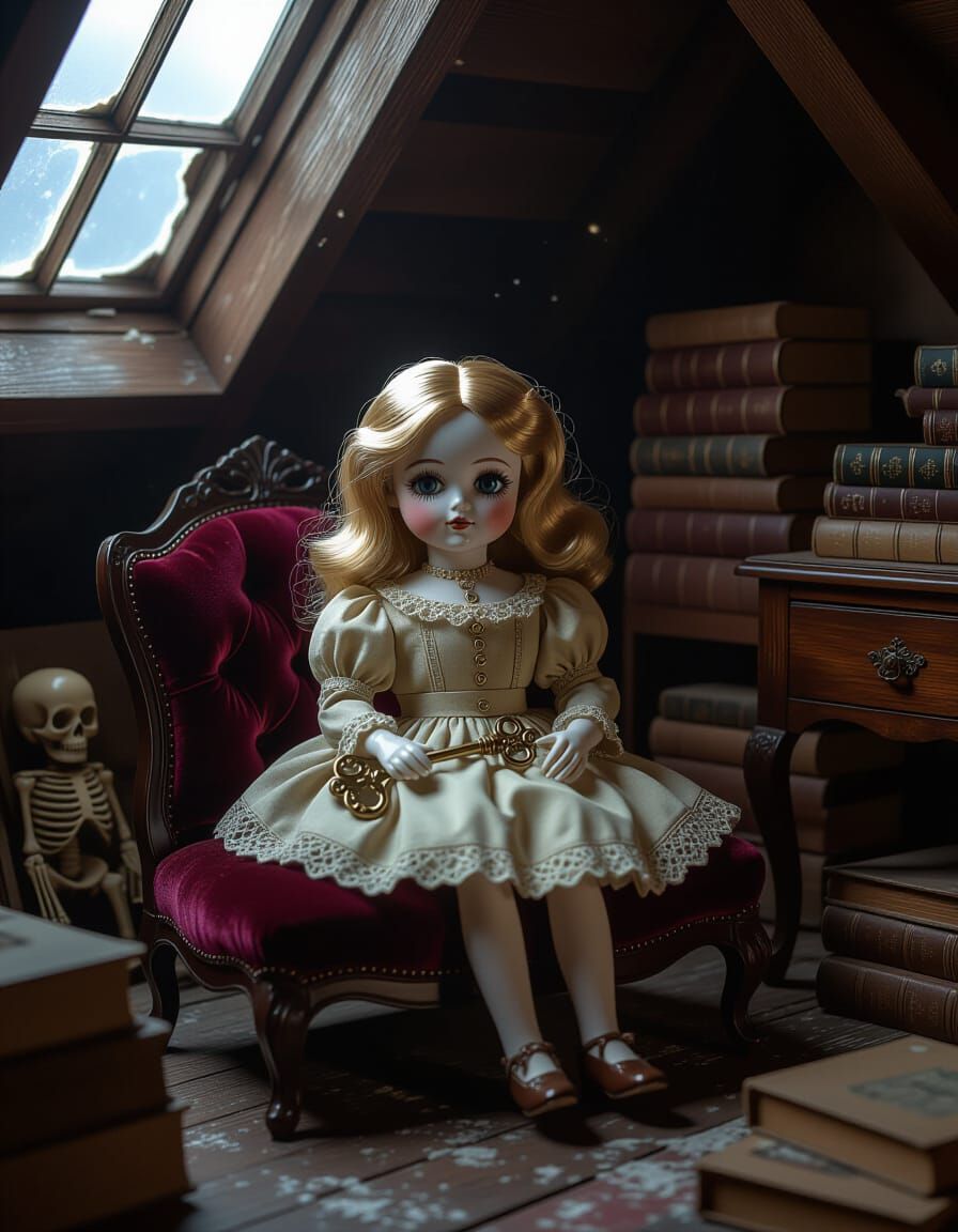 Victorian Porcelain Doll in Gothic Attic Scene