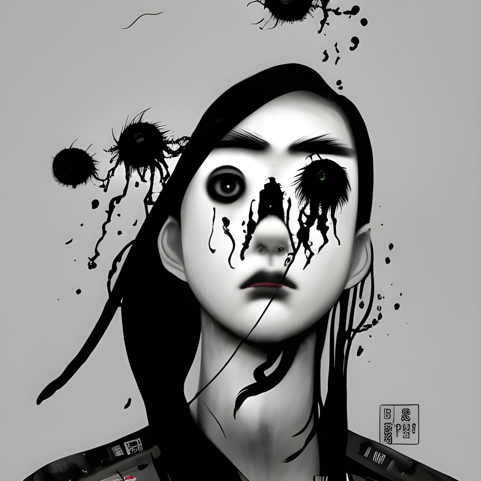 Kraken Squid Shaman Portrait in Black and White Ink