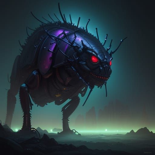 Vibrant Dark Fantasy Insect in a Misty, Golden-Lit Landscape