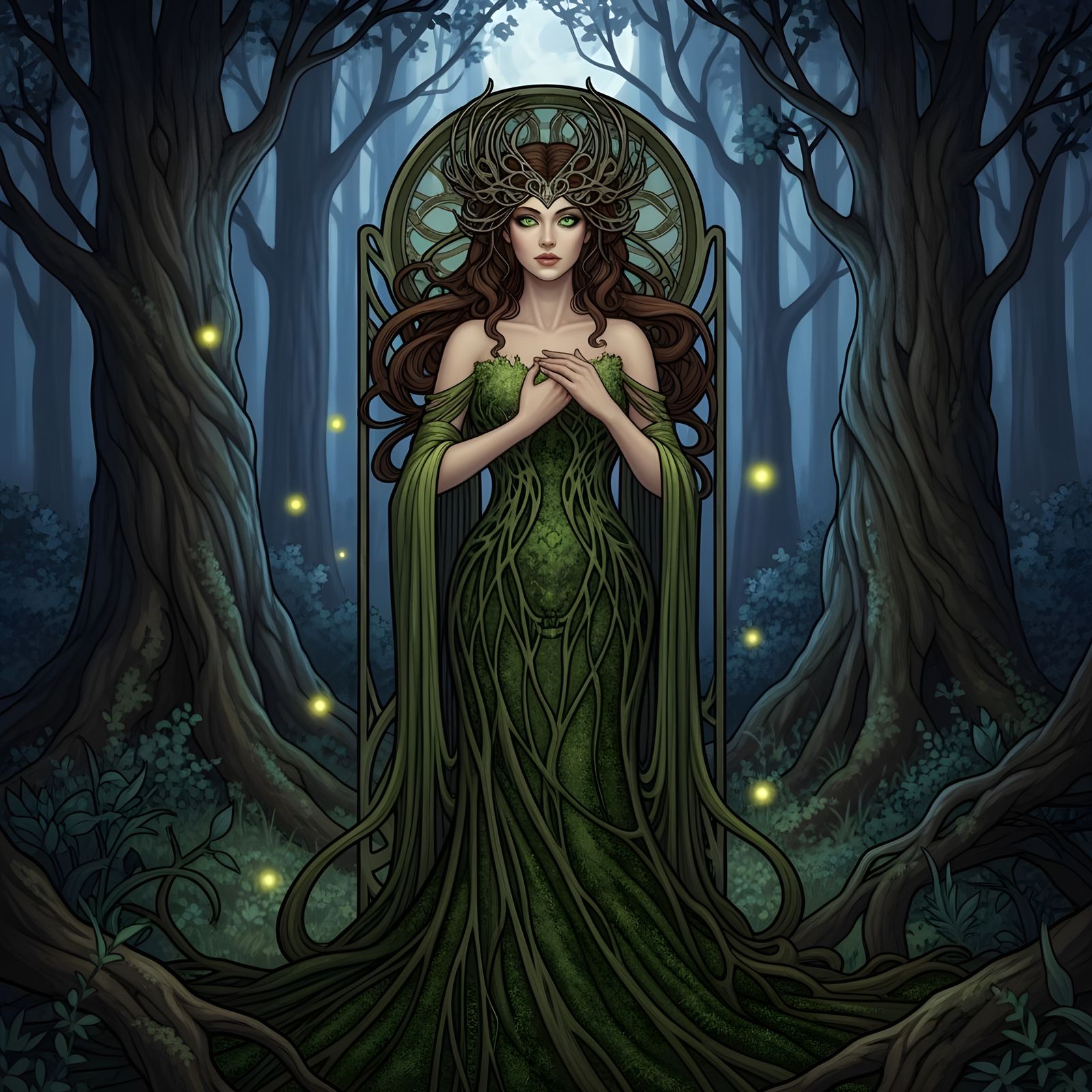 Ethereal Forest Goddess in Gothic Art Nouveau Style