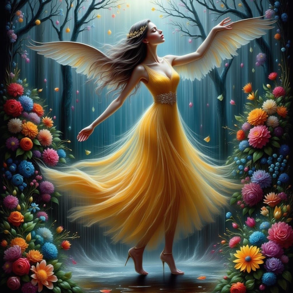 Ethereal Woman Dancing Alone in the Rain