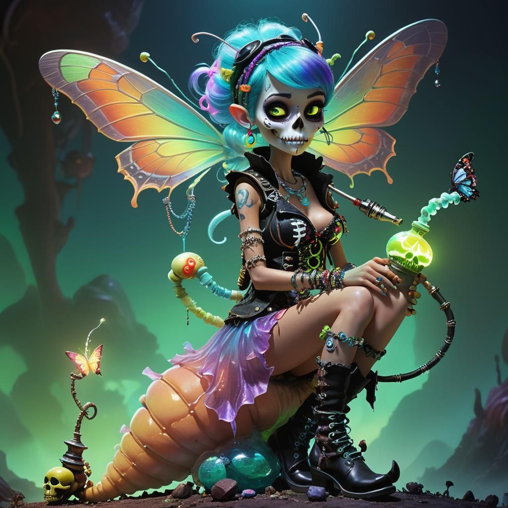 Funky Pixie with Caterpillar Companion: Pixar-Inspired Art