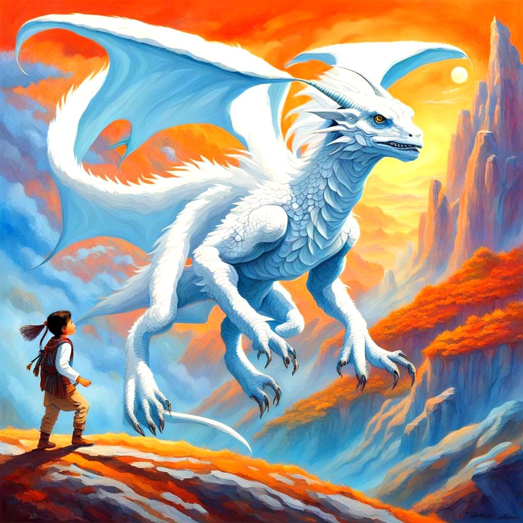 Falkor Dragon and Boy in Fantasy World