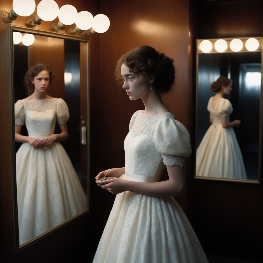 Young Man Contemplates in Wedding Gown